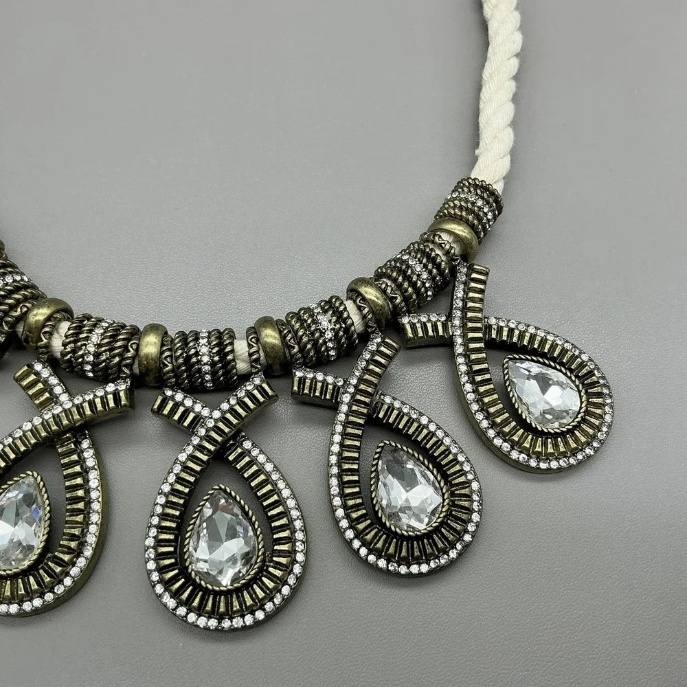 Banana Republic Necklace‎ Gold Tone White Cord Teardrop Bib Statement Jewelry